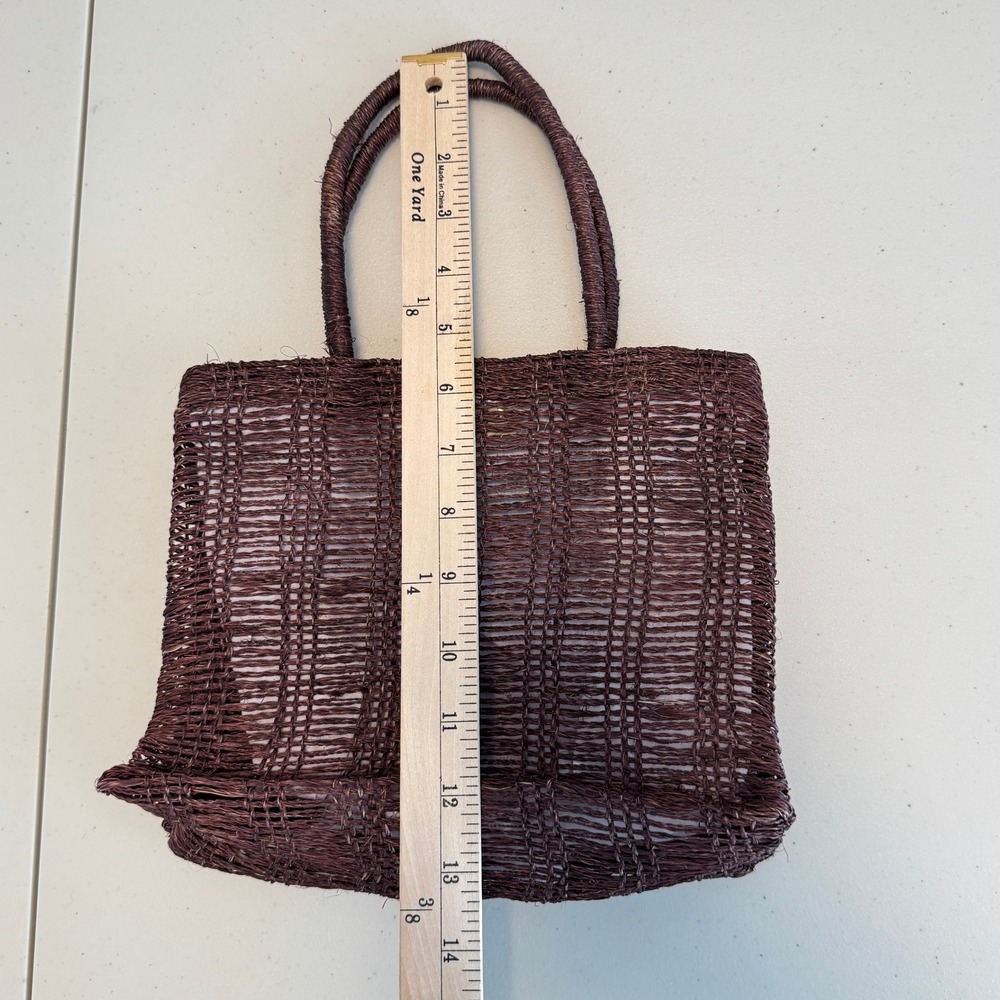 Vintage 90s J.Crew Straw Tote Bag Brown Pink Eyelet Interior Raffia Coastal Boho - Picture 10 of 11